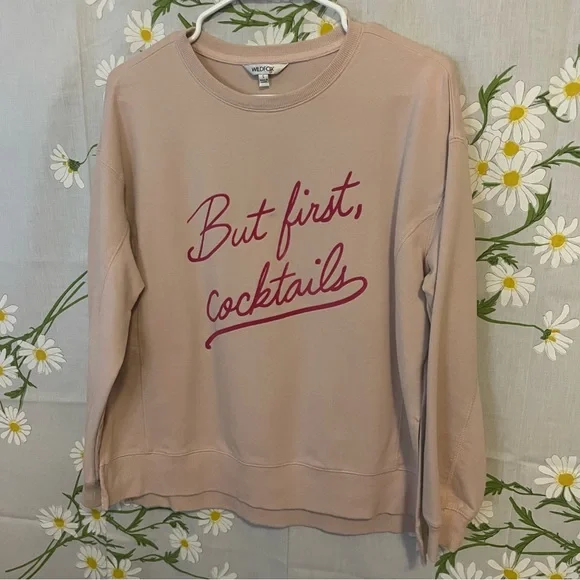 WILDFOX But First Cocktails pink tan cute quote graphic relaxed fit sweatshirt - Picture 3 of 9
